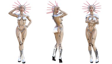 Set Cyborg kadın fütüristik metalik bikini.