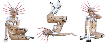 Set Cyborg kadın fütüristik metalik bikini.