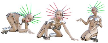 Set Cyborg kadın fütüristik metalik bikini.