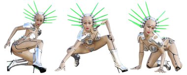 Set Cyborg kadın fütüristik metalik bikini.