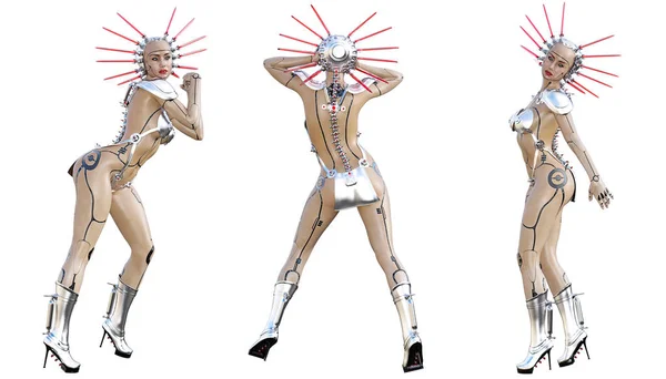 Ställ in Cyborg kvinna futuristiska metalliska bikini. — Stockfoto