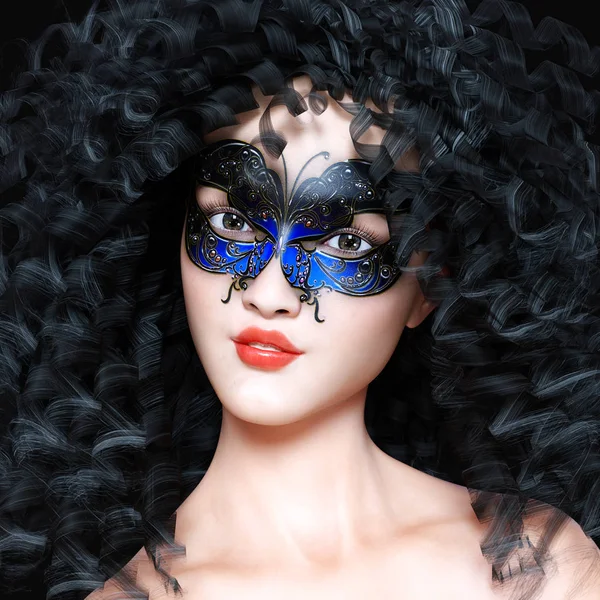 Femeia 3D în mască și machiaj luminos . — Fotografie, imagine de stoc