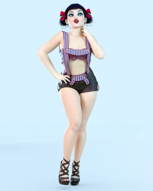 3D kız bebek büyük mavi gözleri ve parlak makyaj.