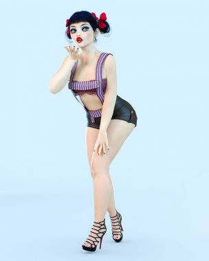 3D kız bebek büyük mavi gözleri ve parlak makyaj.