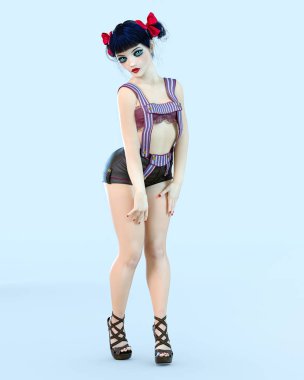 3D kız bebek büyük mavi gözleri ve parlak makyaj.