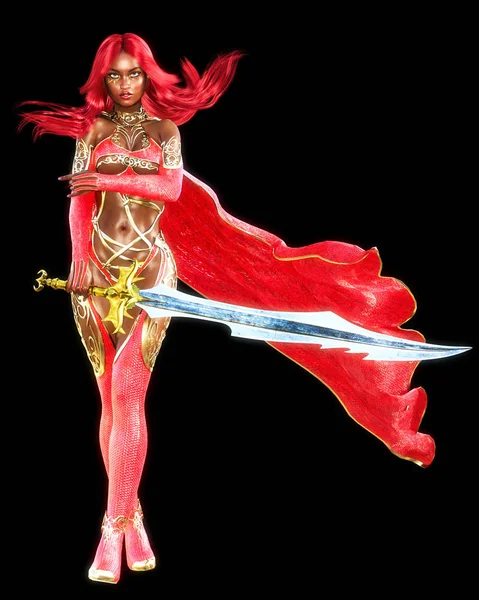 Mulata mulher vermelha guerreiro vestido com espada . — Fotografia de Stock