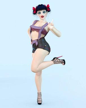 3D kız bebek büyük mavi gözleri ve parlak makyaj.