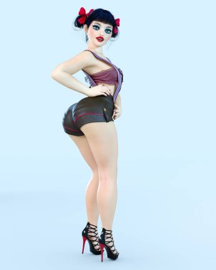 3D kız bebek büyük mavi gözleri ve parlak makyaj.