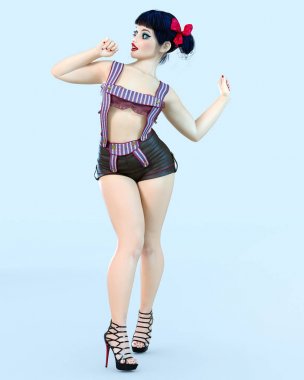 3D kız bebek büyük mavi gözleri ve parlak makyaj.