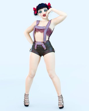 3D kız bebek büyük mavi gözleri ve parlak makyaj.