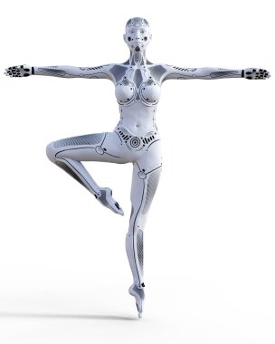 Dans eden robot kadın. Beyaz metal droid. Yapay zeka.