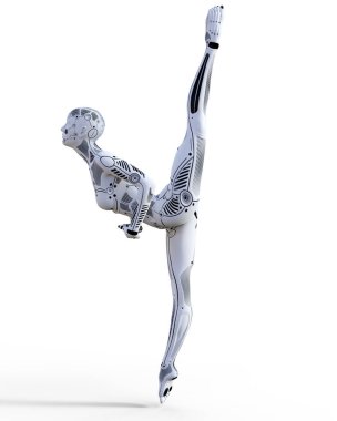 Dans eden robot kadın. Beyaz metal droid. Yapay zeka.