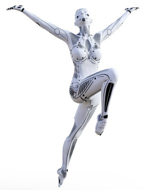 Dans eden robot kadın. Beyaz metal droid. Yapay zeka.