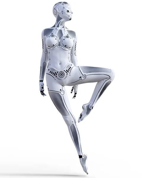 Mujer robot bailarina. Droide de metal blanco. Inteligencia artificial . —  Fotos de Stock