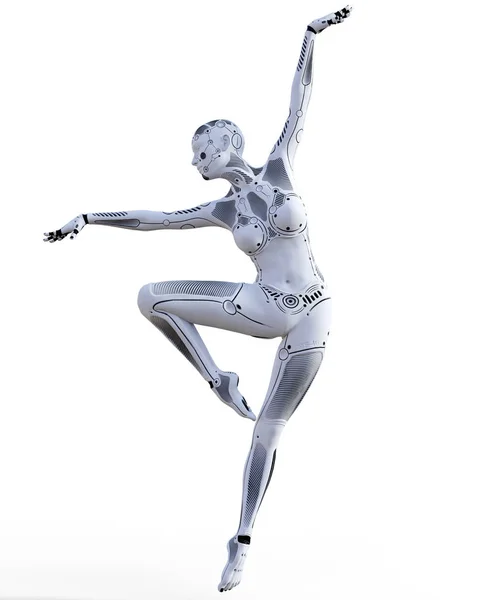 Dansande robot kvinna. Vit metall droid. Artificiell intelligens. — Stockfoto