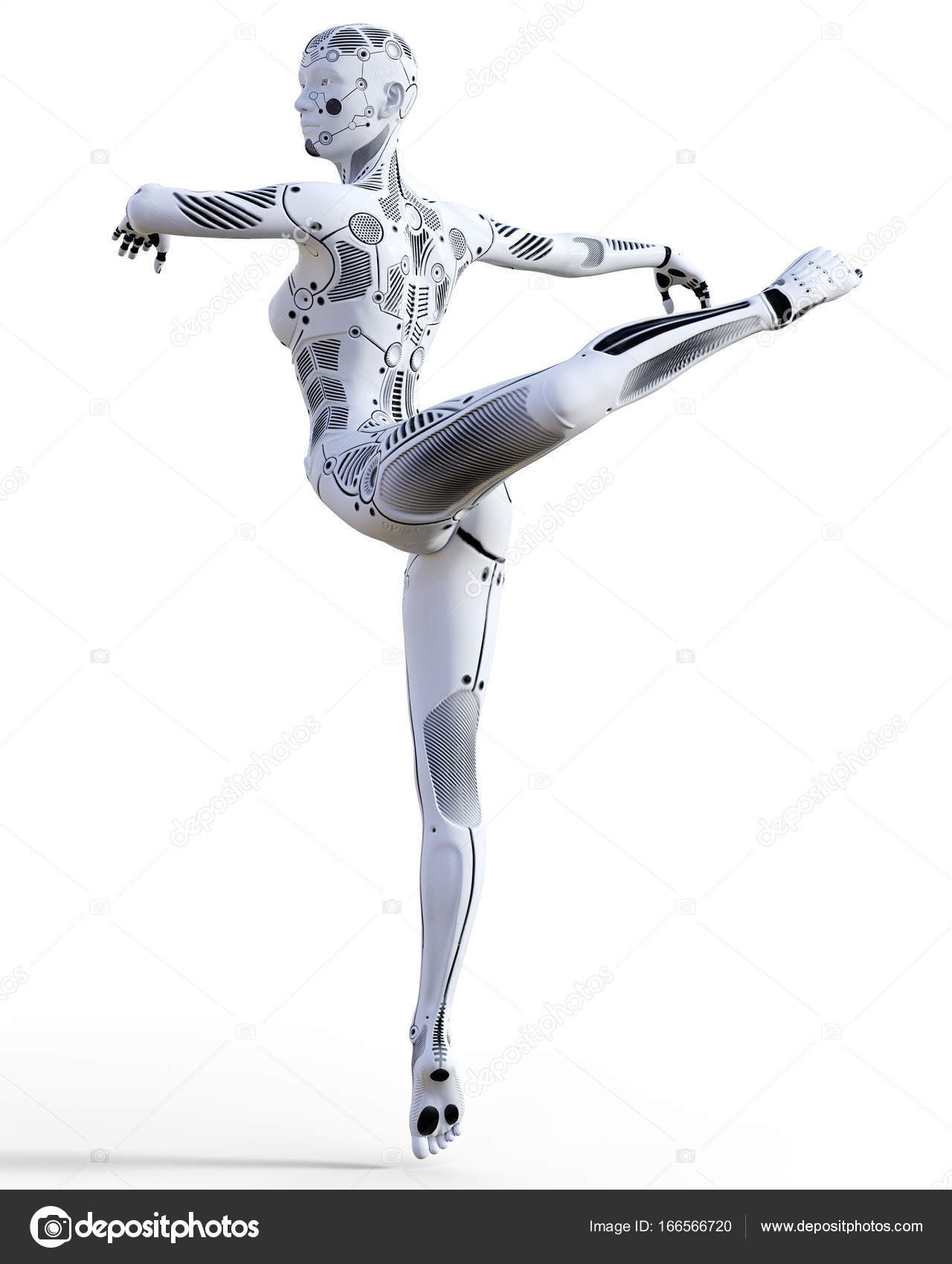 Dancing robot woman. White metal droid. Artificial Intelligence