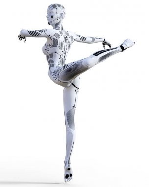 Dans eden robot kadın. Beyaz metal droid. Yapay zeka.