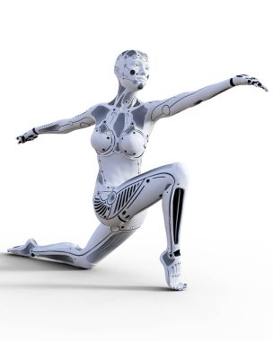 Dans eden robot kadın. Beyaz metal droid. Yapay zeka.