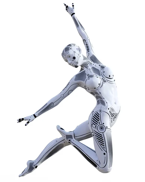 Mujer robot bailarina. Droide de metal blanco. Inteligencia artificial . —  Fotos de Stock