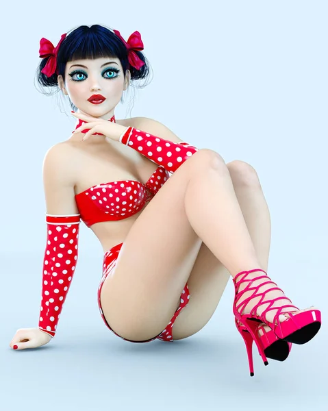 3D kız bebek büyük mavi gözleri ve parlak makyaj.