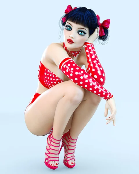 3D kız bebek büyük mavi gözleri ve parlak makyaj.