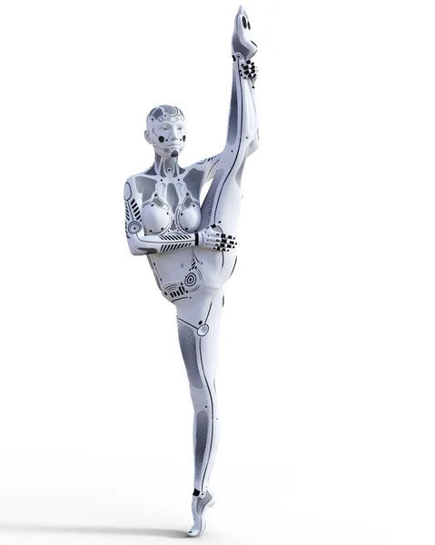 Mujer robot bailarina. Droide de metal blanco. Inteligencia artificial . — Foto de Stock