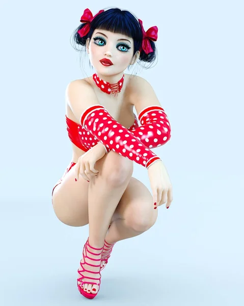 Muñeca de niña 3D grandes ojos azules y maquillaje brillante . —  Fotos de Stock
