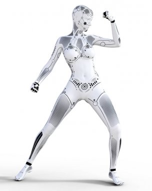 Robot kadın. Beyaz metal droid. Yapay zeka.