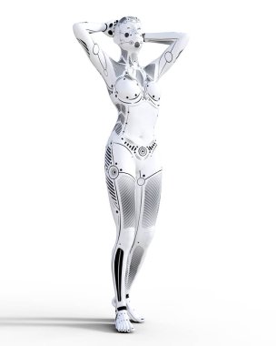 Robot kadın. Beyaz metal droid. Yapay zeka.