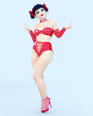 3D kız bebek büyük mavi gözleri ve parlak makyaj.