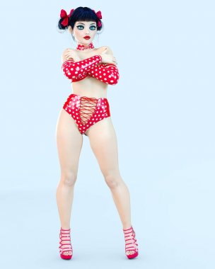 3D kız bebek büyük mavi gözleri ve parlak makyaj.