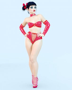 3D kız bebek büyük mavi gözleri ve parlak makyaj.