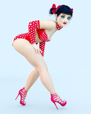 3D kız bebek büyük mavi gözleri ve parlak makyaj.