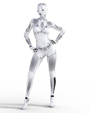 Robot kadın. Beyaz metal droid. Yapay zeka.