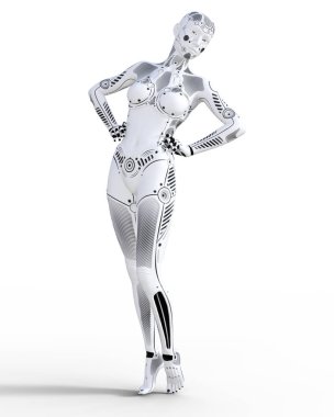 Robot kadın. Beyaz metal droid. Yapay zeka.