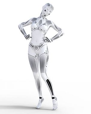 Robot kadın. Beyaz metal droid. Yapay zeka. Kavramsal moda sanat. Gerçekçi 3d render illüstrasyon. Stüdyo, ayrı tutma, yüksek anahtar.