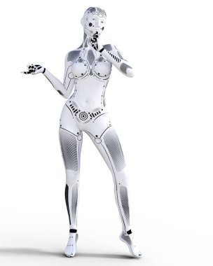 Robot kadın. Beyaz metal droid. Yapay zeka. Kavramsal moda sanat. Gerçekçi 3d render illüstrasyon. Stüdyo, ayrı tutma, yüksek anahtar.