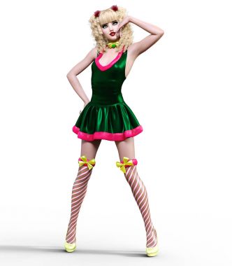 Genç güzel Noel Baba kız bebek surat. Kısa şenlikli elbise kürk, çorap, Ayakkabı. Uzun sarı saçlı. Parlak makyaj. Kavramsal moda sanat. Gerçekçi 3d render illüstrasyon. Noel, yeni yıl.
