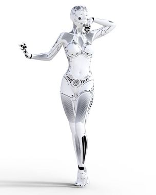 Robot kadın. Beyaz metal droid. Yapay zeka. Kavramsal moda sanat. Gerçekçi 3d render illüstrasyon. Stüdyo, ayrı tutma, yüksek anahtar.