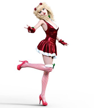 Genç güzel Noel Baba kız bebek surat. Kısa şenlikli elbise kürk, çorap, Ayakkabı. Uzun sarı saçlı. Parlak makyaj. Kavramsal moda sanat. Gerçekçi 3d render illüstrasyon. Noel, yeni yıl.