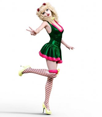 Genç güzel Noel Baba kız bebek surat. Kısa şenlikli elbise kürk, çorap, Ayakkabı. Uzun sarı saçlı. Parlak makyaj. Kavramsal moda sanat. Gerçekçi 3d render illüstrasyon. Noel, yeni yıl.