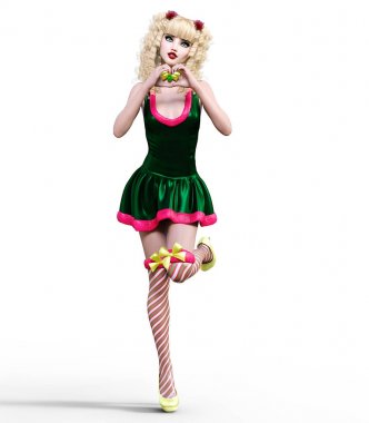 Genç güzel Noel Baba kız bebek surat. Kısa şenlikli elbise kürk, çorap, Ayakkabı. Uzun sarı saçlı. Parlak makyaj. Kavramsal moda sanat. Gerçekçi 3d render illüstrasyon. Noel, yeni yıl.