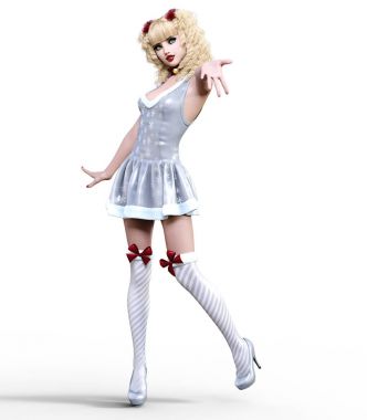 Genç güzel Noel Baba kız bebek surat. Kısa şenlikli elbise kürk, çorap, Ayakkabı. Uzun sarı saçlı. Parlak makyaj. Kavramsal moda sanat. Gerçekçi 3d render illüstrasyon. Noel, yeni yıl.