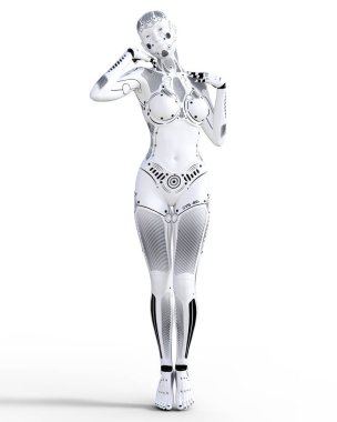 Robot kadın. Beyaz metal droid. Yapay zeka. Kavramsal moda sanat. Gerçekçi 3d render illüstrasyon. Stüdyo, ayrı tutma, yüksek anahtar.