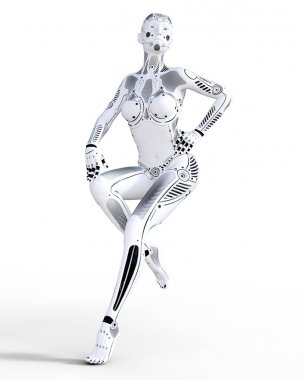 Robot kadın. Beyaz metal droid. Yapay zeka. Kavramsal moda sanat. Gerçekçi 3d render illüstrasyon. Stüdyo, ayrı tutma, yüksek anahtar.