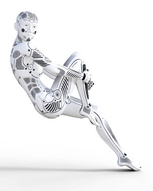 Robot kadın. Beyaz metal droid. Yapay zeka. Kavramsal moda sanat. Gerçekçi 3d render illüstrasyon. Stüdyo, ayrı tutma, yüksek anahtar.