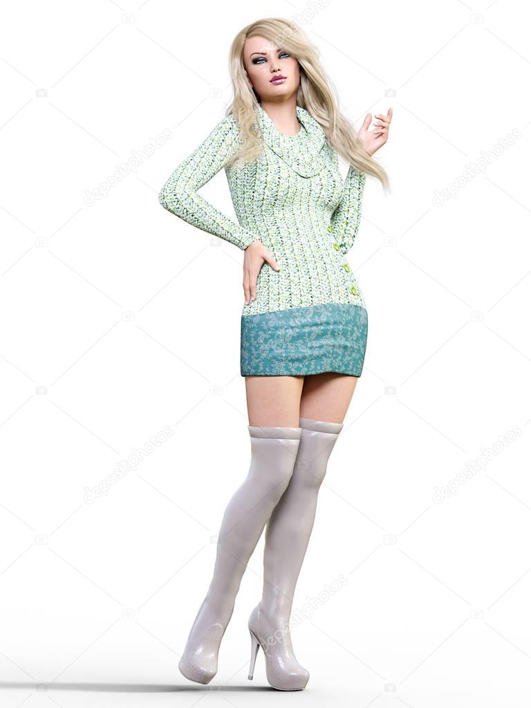 3D beautiful blonde in short dress and long boots. Bright makeup. Woman studio photography. High heel. Conceptual fashion art. Seductive candid pose. Realistic render illustration. Isolate.