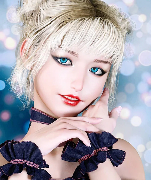 Mujer Retrato Maquillaje Brillante Cabello Rubio Ojos Azules Dulce Chica —  Fotos de Stock