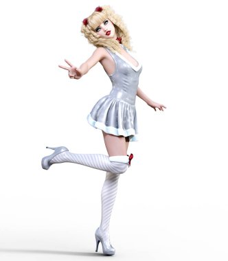 Genç güzel Noel Baba kız bebek surat. Kısa şenlikli elbise kürk, çorap, Ayakkabı. Uzun sarı saçlı. Parlak makyaj. Kavramsal moda sanat. Gerçekçi 3d render illüstrasyon. Noel, yeni yıl.