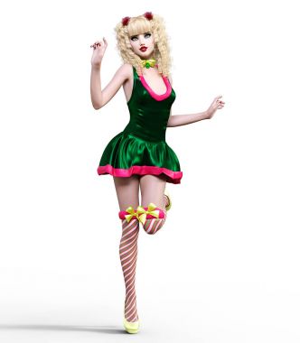 Genç güzel Noel Baba kız bebek surat. Kısa şenlikli elbise kürk, çorap, Ayakkabı. Uzun sarı saçlı. Parlak makyaj. Kavramsal moda sanat. Gerçekçi 3d render illüstrasyon. Noel, yeni yıl.